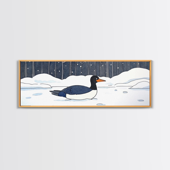 Black And White Duck In Snow Wall Art, Winter Bird Canvas Print, Minimalist Nursery Decor, Cozy Lake House Wildlife Art Print