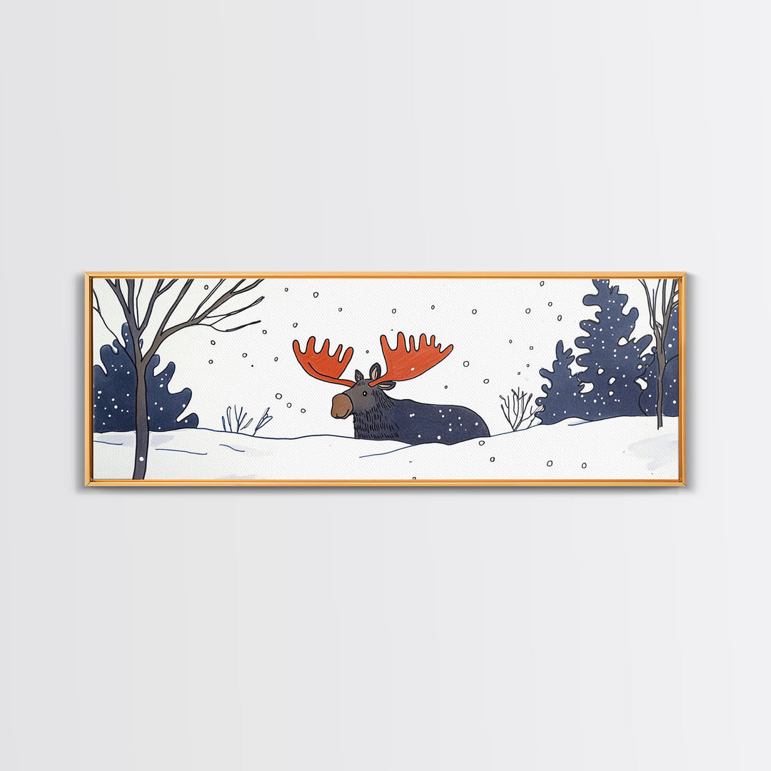 Whimsical Moose In Falling Snow Wall Art, Winter Animal Canvas Print, Cute Nursery Room Decor, Woodland Cabin Gift For Kids