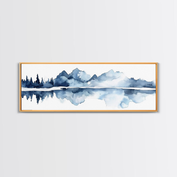 Blue Mountain Lake Reflection Canvas Print, Watercolor Landscape Wall Art, Modern Coastal Decor, Calm Living Room Art Print