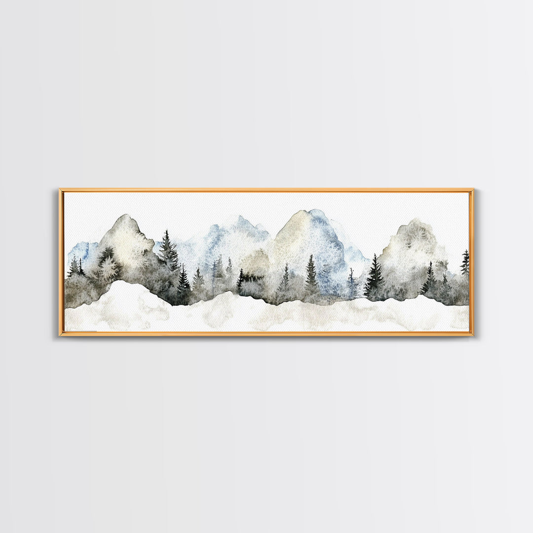 Misty Blue Mountains With Evergreen Pines Wall Art, Watercolor Landscape Print, Neutral Nature Decor, Japandi Bedroom Art