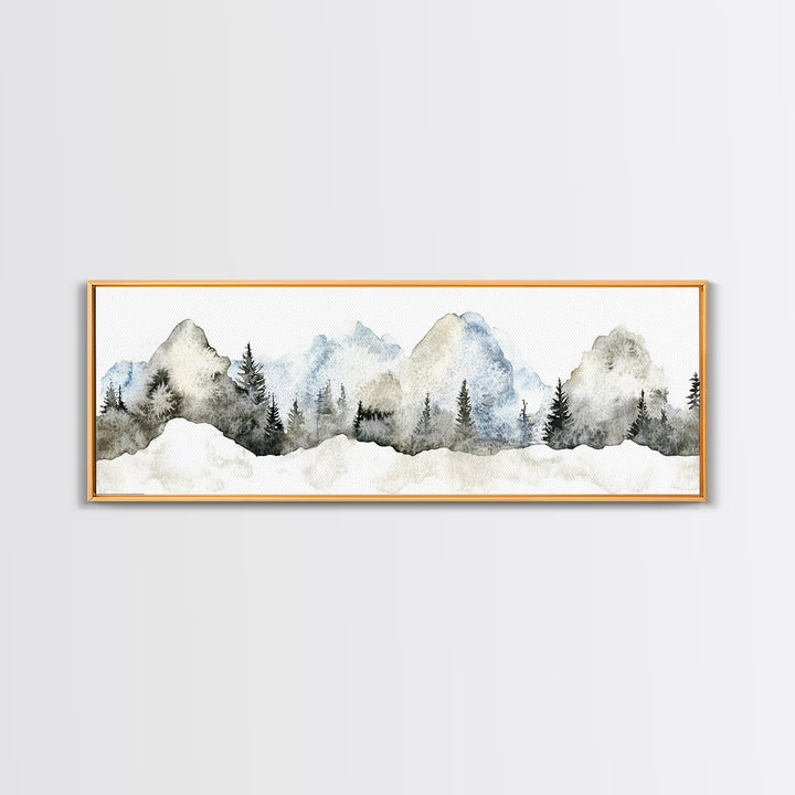 Misty Blue Mountains With Evergreen Pines Wall Art, Watercolor Landscape Print, Neutral Nature Decor, Japandi Bedroom Art