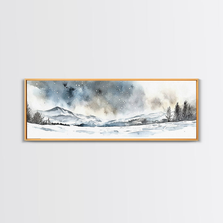 Snowy Mountain Valley Beneath Starry Sky Wall Art, Winter Landscape Painting, Rustic Nature Decor, Cabin Wall Decor Gift