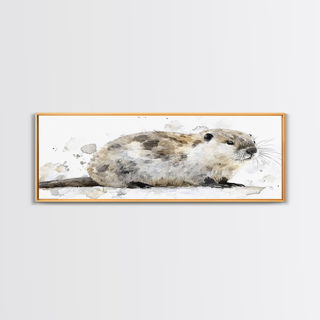 Cute River Otter In Snow Canvas Print, Watercolor Animal Art, Woodland Nursery Decor, Wildlife Wall Art, Housewarming Gift