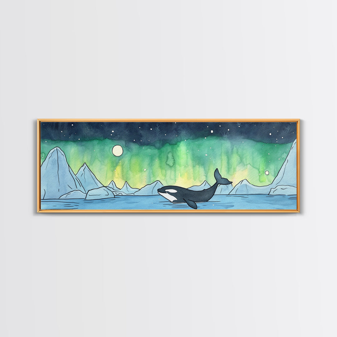Orca Whale Under Northern Lights Wall Art, Arctic Seascape Canvas Print, Ocean Animal Art, Nautical Nursery Decor Gift Idea