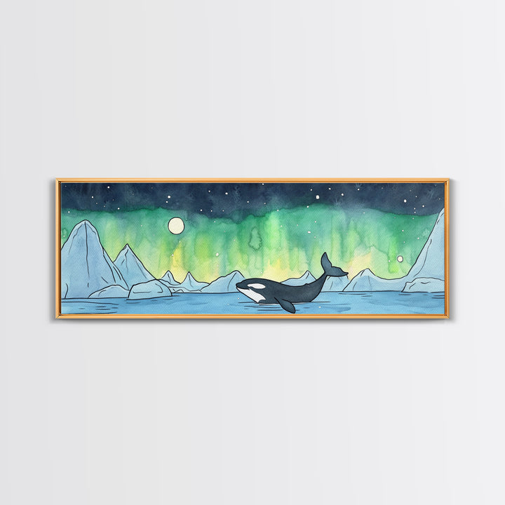 Orca Whale Under Northern Lights Wall Art, Arctic Seascape Canvas Print, Ocean Animal Art, Nautical Nursery Decor Gift Idea