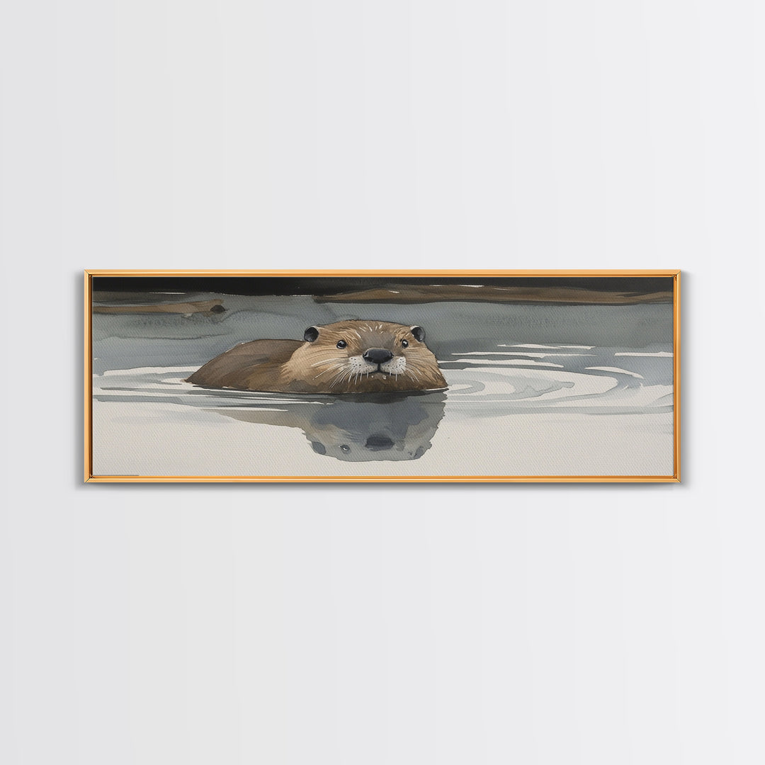 Swimming Otter In Moody Water Wall Art, Wildlife Canvas Print, Cozy Cabin Rustic Lake House Decor, Animal Lover Gift For Her