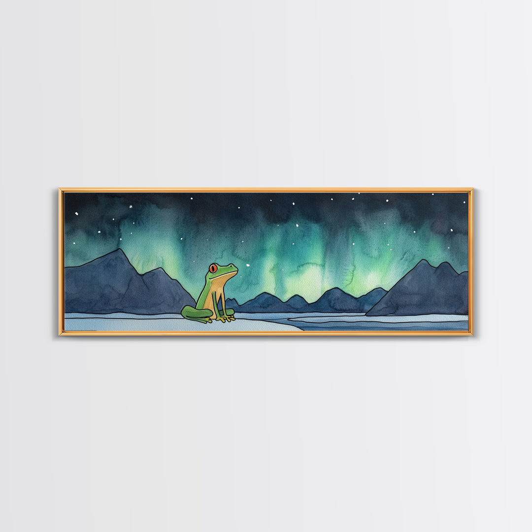 Green Frog Under Northern Lights Wall Art, Whimsical Animal Print, Mountain Lake Nursery Decor, Kids Room Wall Decor Gift
