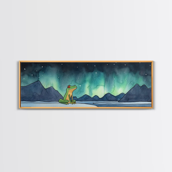 Green Frog Under Northern Lights Wall Art, Whimsical Animal Print, Mountain Lake Nursery Decor, Kids Room Wall Decor Gift