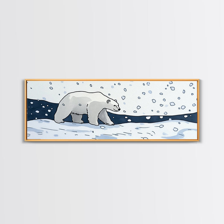 Polar Bear Walking In Falling Snow Canvas Print, Arctic Animal Wall Art, Winter Nursery Decor, Kids Room Wall Decor, Cabin Gift For Her