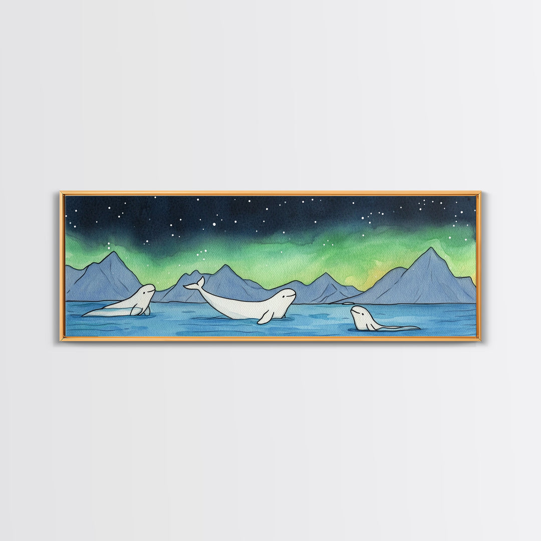 Beluga Whales Under Northern Lights Wall Art, Arctic Ocean Canvas Print, Wildlife Nursery Decor, Coastal Kids Room Art Print