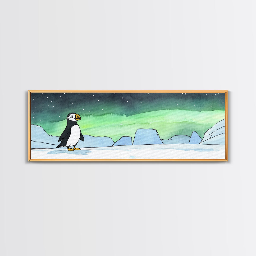 Puffin On Icy Shore Under Northern Lights Wall Art, Arctic Bird Canvas Print, Wildlife Nursery Decor, Coastal Wall Decor
