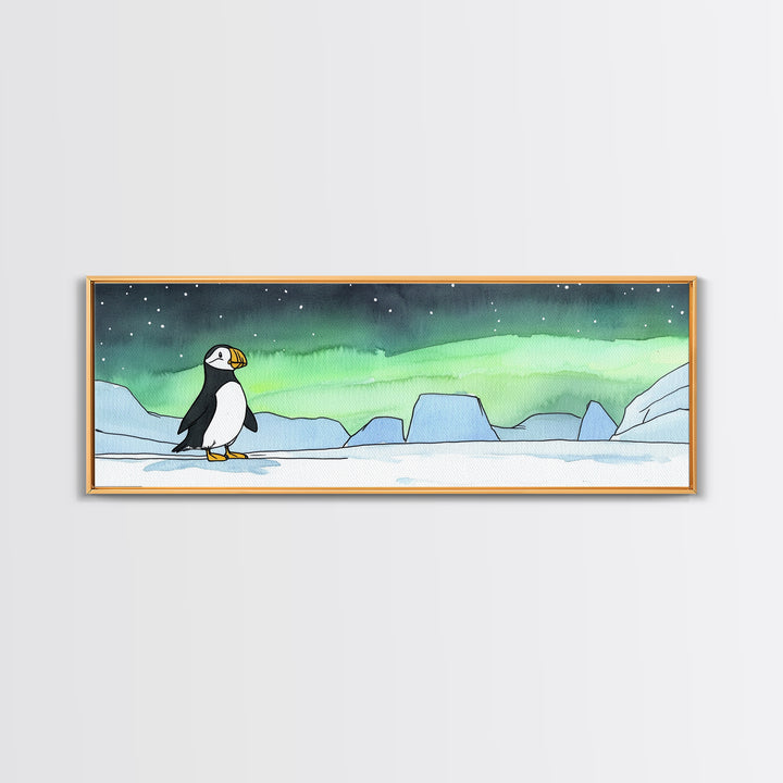 Puffin On Icy Shore Under Northern Lights Wall Art, Arctic Bird Canvas Print, Wildlife Nursery Decor, Coastal Wall Decor