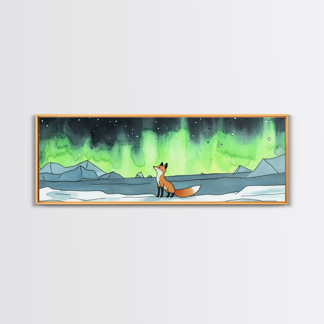 Fox Watching Northern Lights Wall Art, Arctic Wildlife Canvas Print, Woodland Animal Nursery Decor, Winter Landscape Print