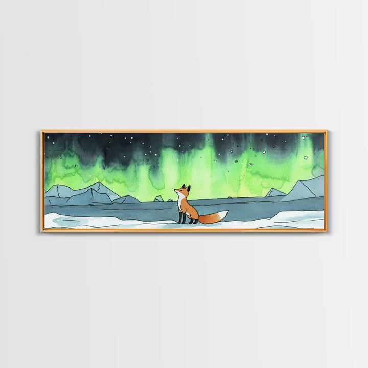 Fox Watching Northern Lights Wall Art, Arctic Wildlife Canvas Print, Woodland Animal Nursery Decor, Winter Landscape Print