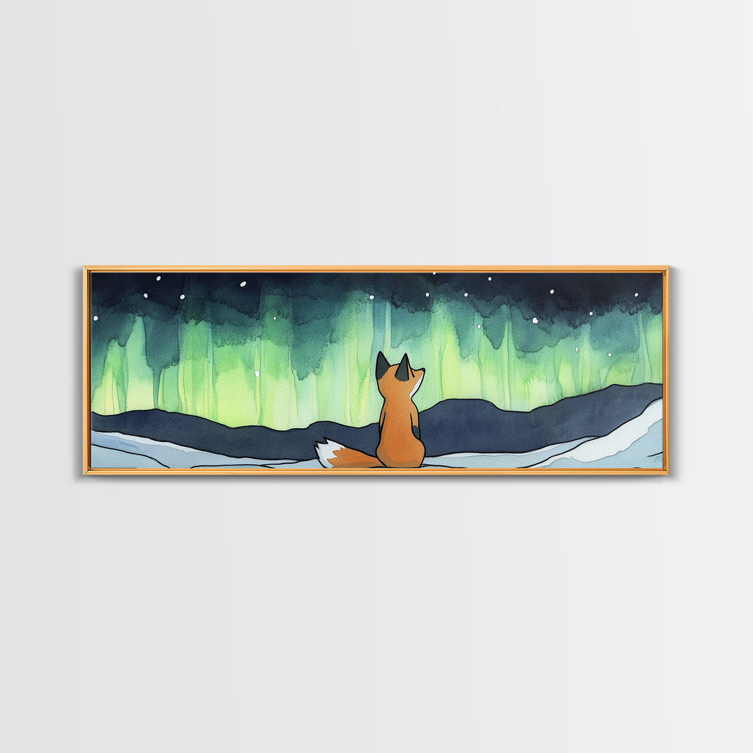 Fox Beneath Aurora Borealis Canvas Print, Winter Woodland Wall Art, Arctic Animal Decor, Cozy Nursery Art Print, Kids Room Decor