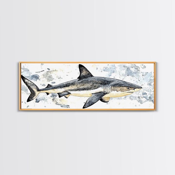 Great White Shark Watercolor Canvas Print, Ocean Wildlife Wall Art, Nautical Bathroom Decor, Coastal Kids Room Art Print
