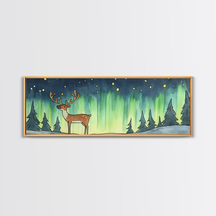 Deer Under Northern Lights Wall Art, Winter Forest Canvas Print, Rustic Wildlife Decor, Woodland Nursery Art Print, Cabin Wall Decor