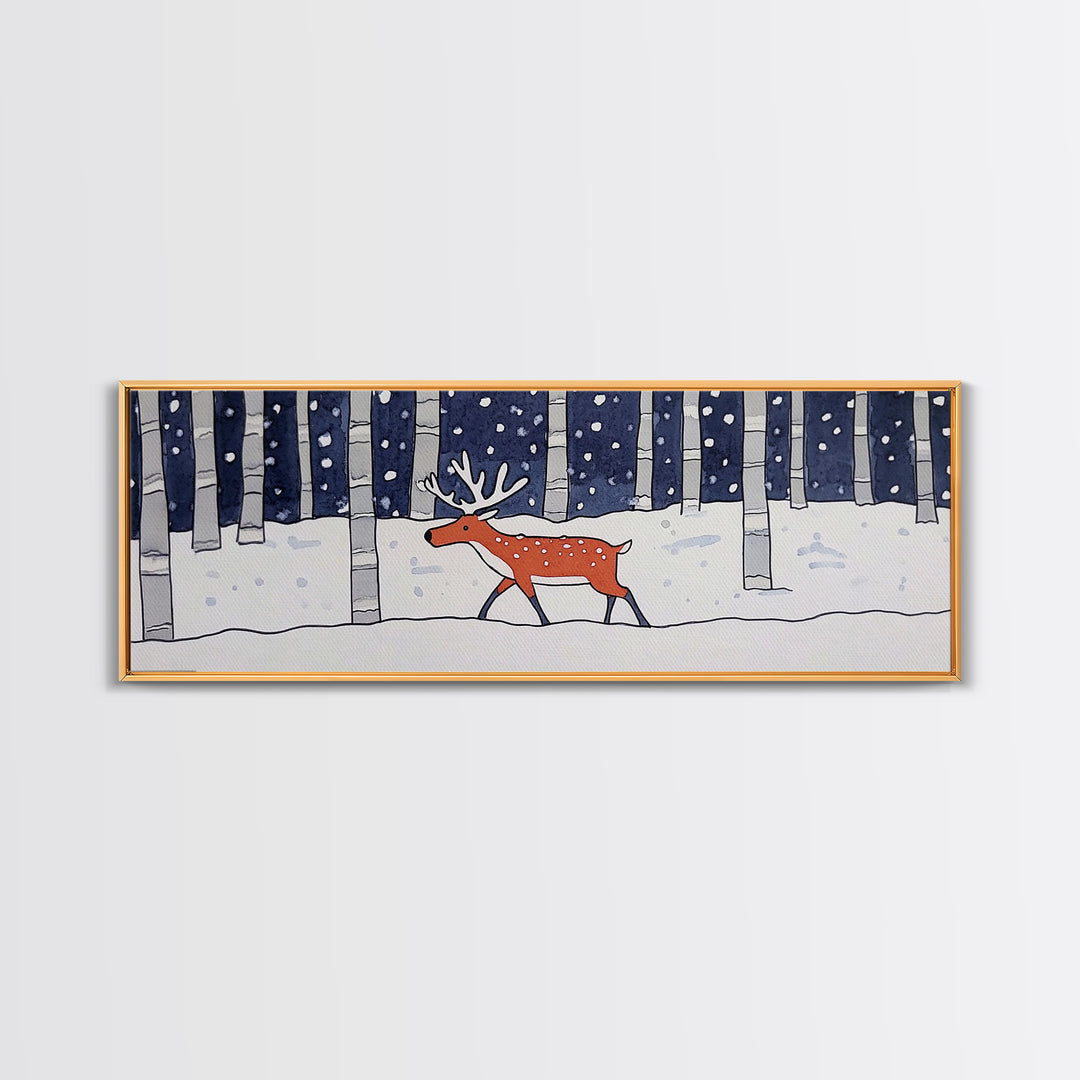 Snowy Birch Forest Reindeer Wall Art, Whimsical Woodland Animal Print, Winter Nursery Decor, Rustic Cabin Home Decor Gift