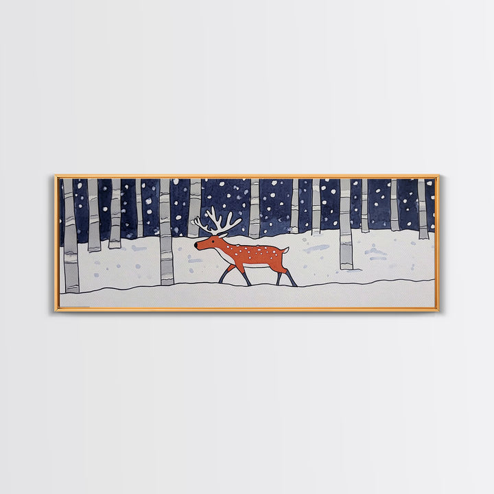 Snowy Birch Forest Reindeer Wall Art, Whimsical Woodland Animal Print, Winter Nursery Decor, Rustic Cabin Home Decor Gift
