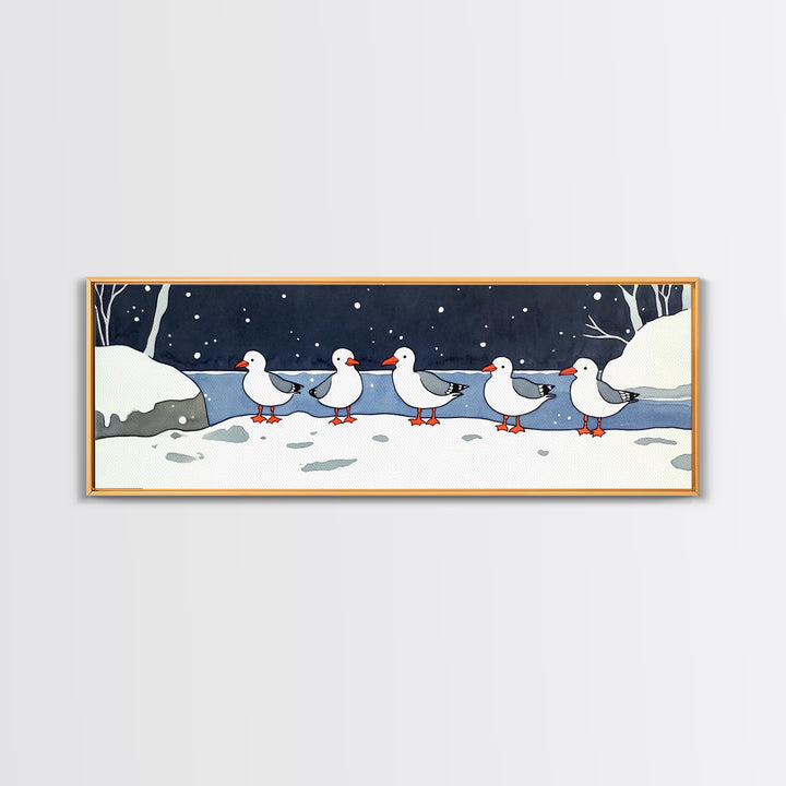 Snowy Ducks In Winter Pond Wall Art, Whimsical Bird Print, Farmhouse Cabin Decor, Cute Animal Nursery Wall Decor Gift Idea