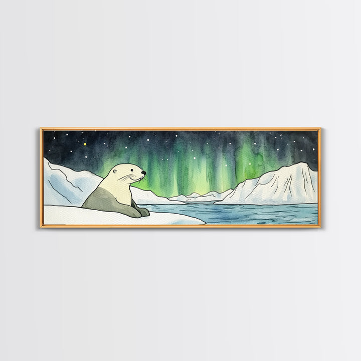 Polar Bear Northern Lights Wall Art, Arctic Wildlife Print, Winter Landscape Decor, Coastal Ocean Nursery Wall Decor Gift