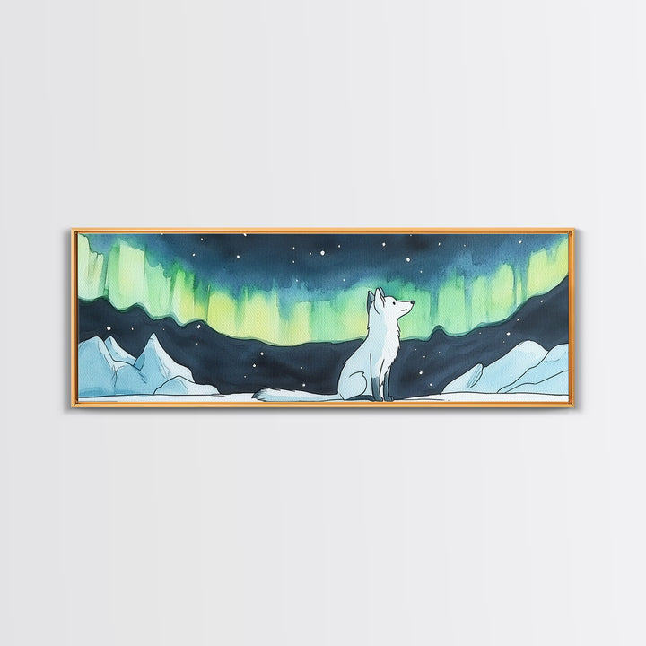 Arctic Fox Under Green Northern Lights Canvas Print, Aurora Borealis Wall Decor, Winter Nursery Art, Celestial Nature Gift