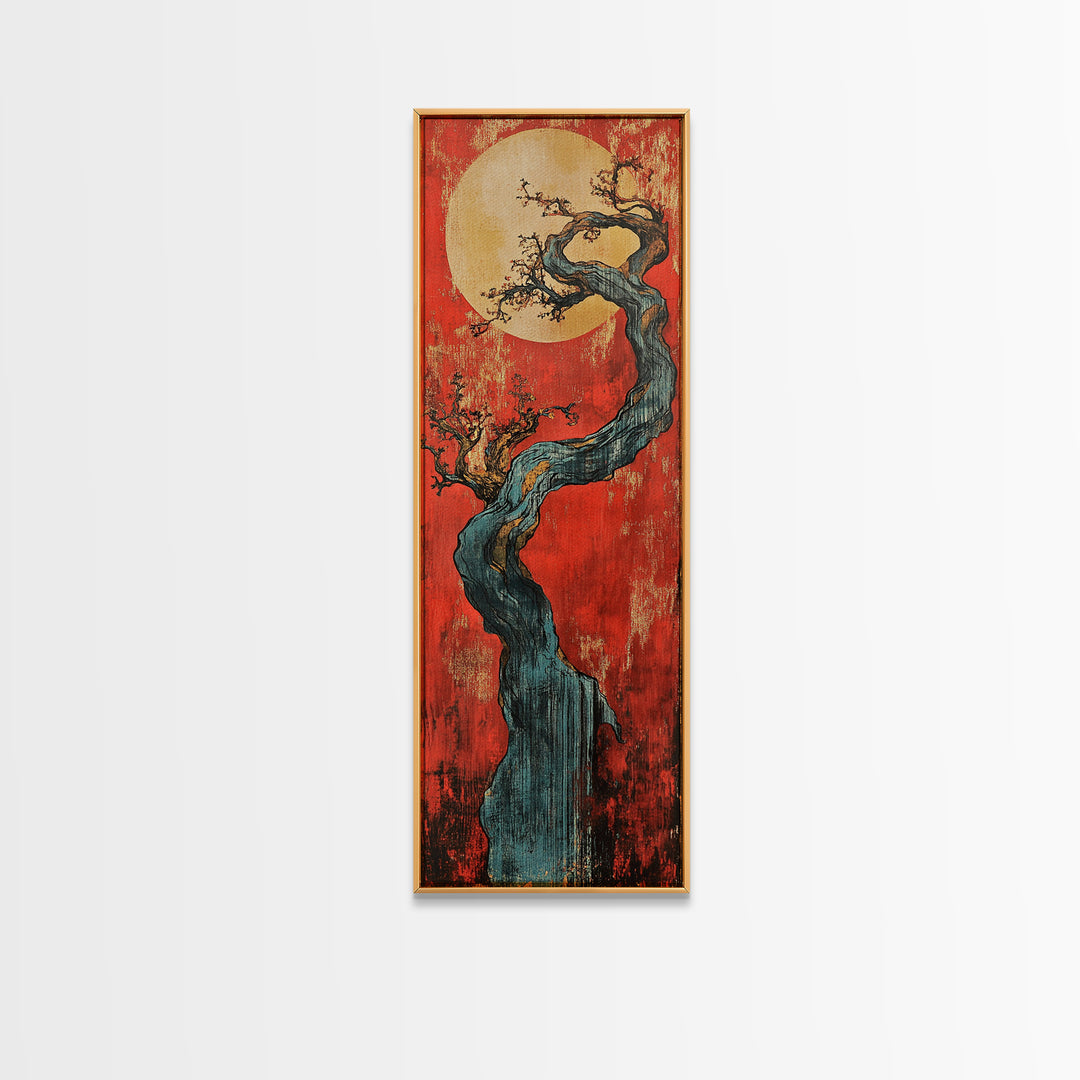 Twisted Blue Tree And Full Moon Framed Canvas Print, Japanese Wall Art, Red Sunset Decor, Long Narrow Statement Artwork Print