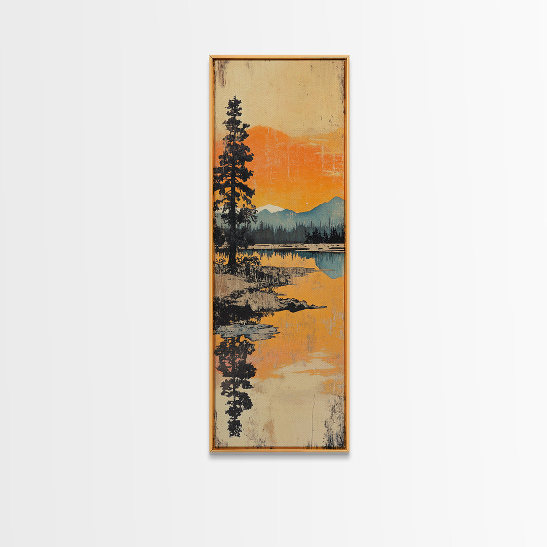 Orange Mountain Lake Reflection Canvas Print, Japanese Landscape Wall Art, Pine Forest Decor, Serene Sunset Living Room Art