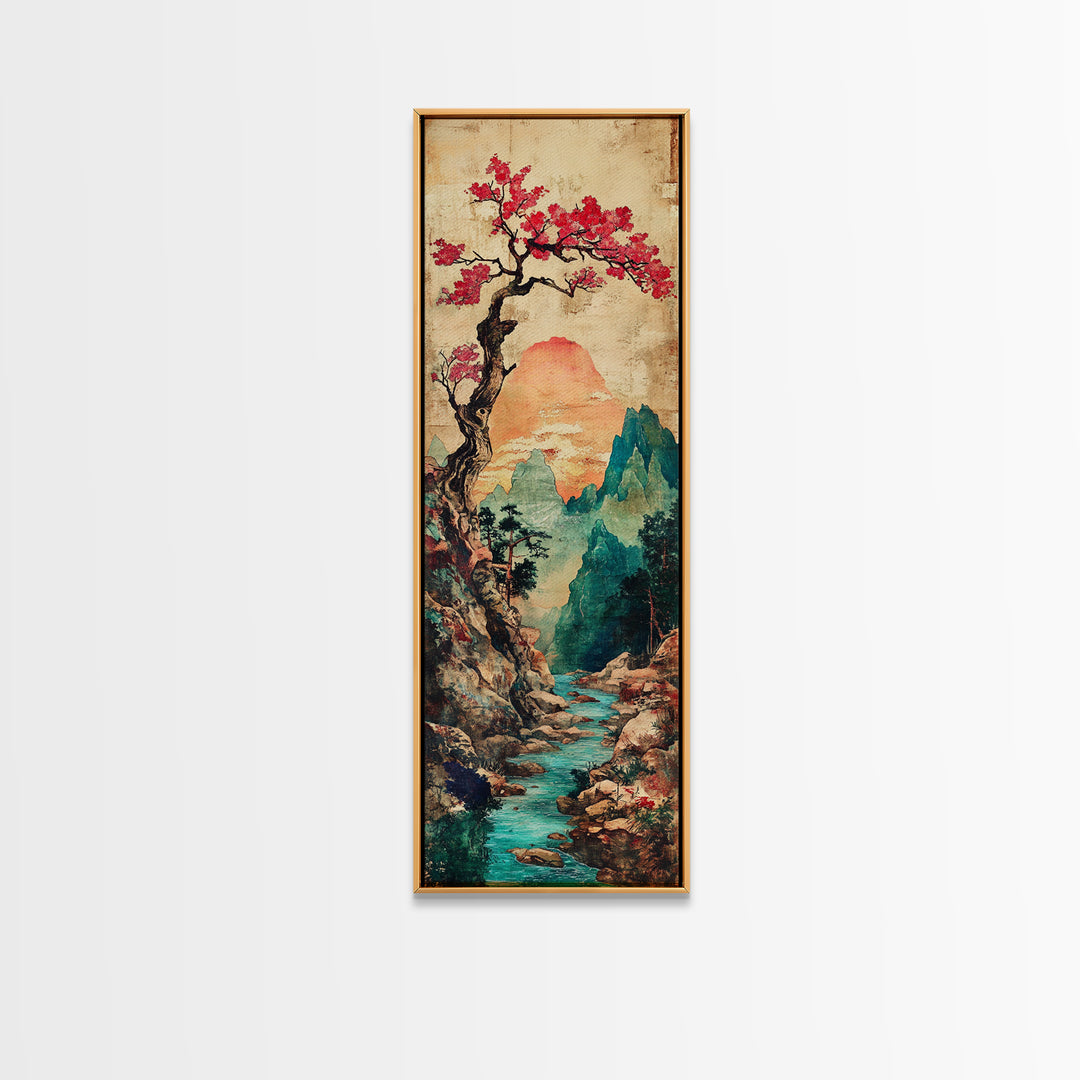 Cherry Blossom Mountain River Canvas Print, Japanese Landscape Wall Art, Teal Nature Decor, Romantic Spring Home Decor Print
