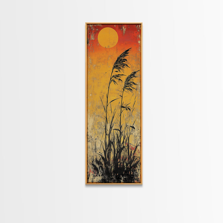 Golden Sun Reeds Silhouette Wall Art, Japanese Minimalist Print, Warm Orange Decor, Long Narrow Boho Canvas Print Home Decor