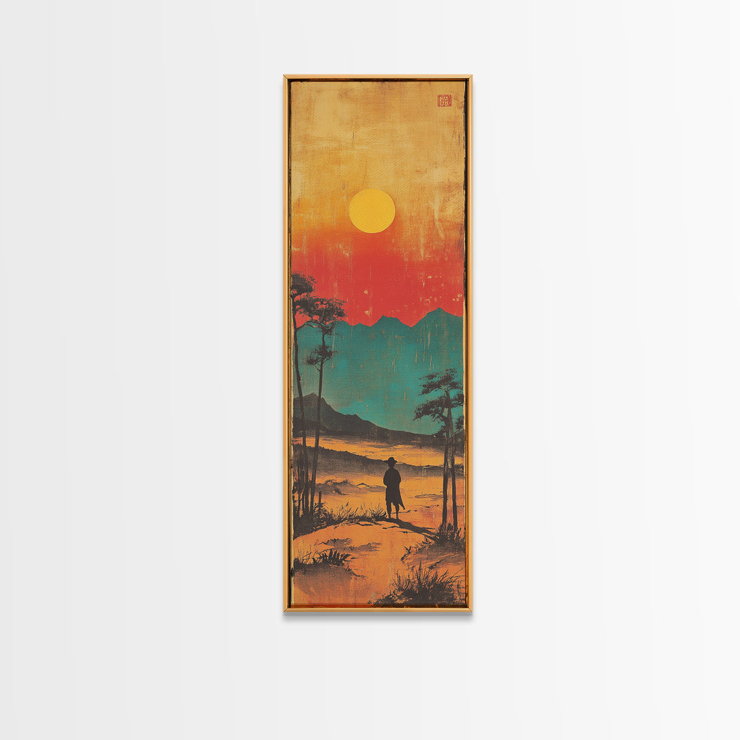 Lone Figure At Sunset Mountain Lake Framed Canvas Print, Japanese Landscape Wall Art, Moody Nature Decor, Vertical Poster