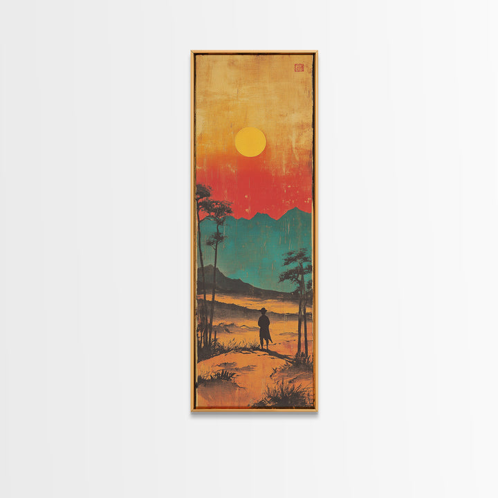 Lone Figure At Sunset Mountain Lake Framed Canvas Print, Japanese Landscape Wall Art, Moody Nature Decor, Vertical Poster