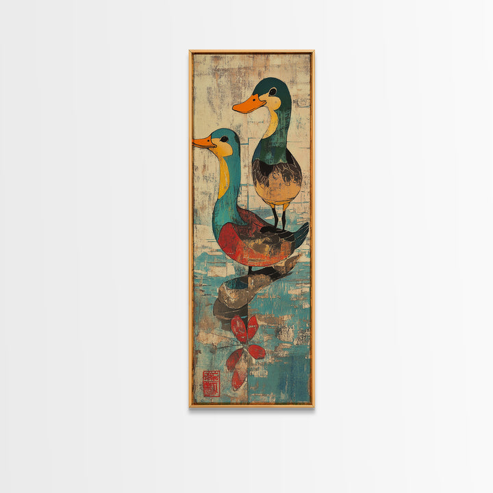 Two Colorful Mallard Ducks Wall Art, Whimsical Animal Print, Japanese Style Bathroom Decor, Cute Nursery Canvas Print Gift