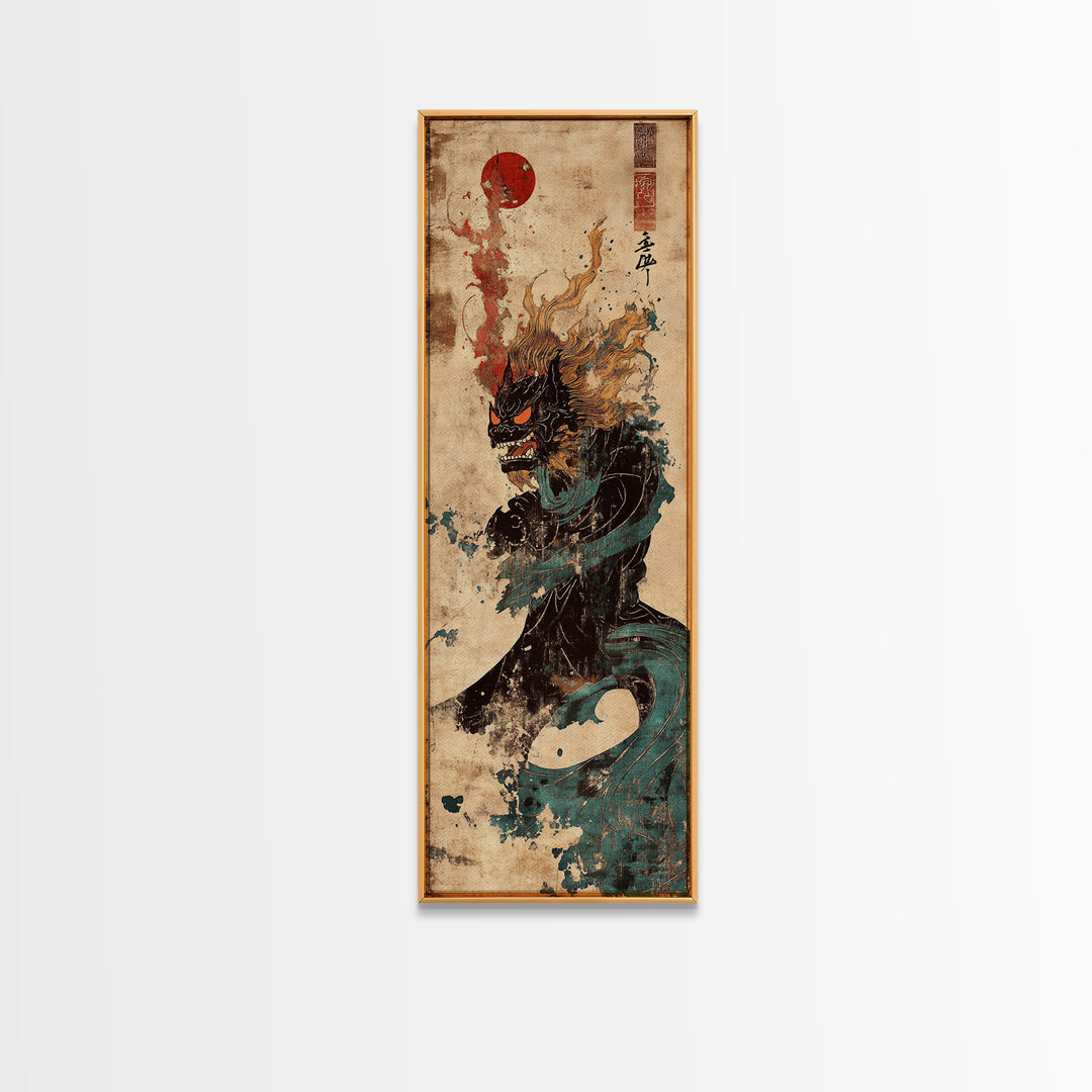 Dark Japanese Dragon With Red Sun Canvas Print, Mythical Fantasy Wall Art, Asian Warrior Decor, Gothic Statement Poster Art