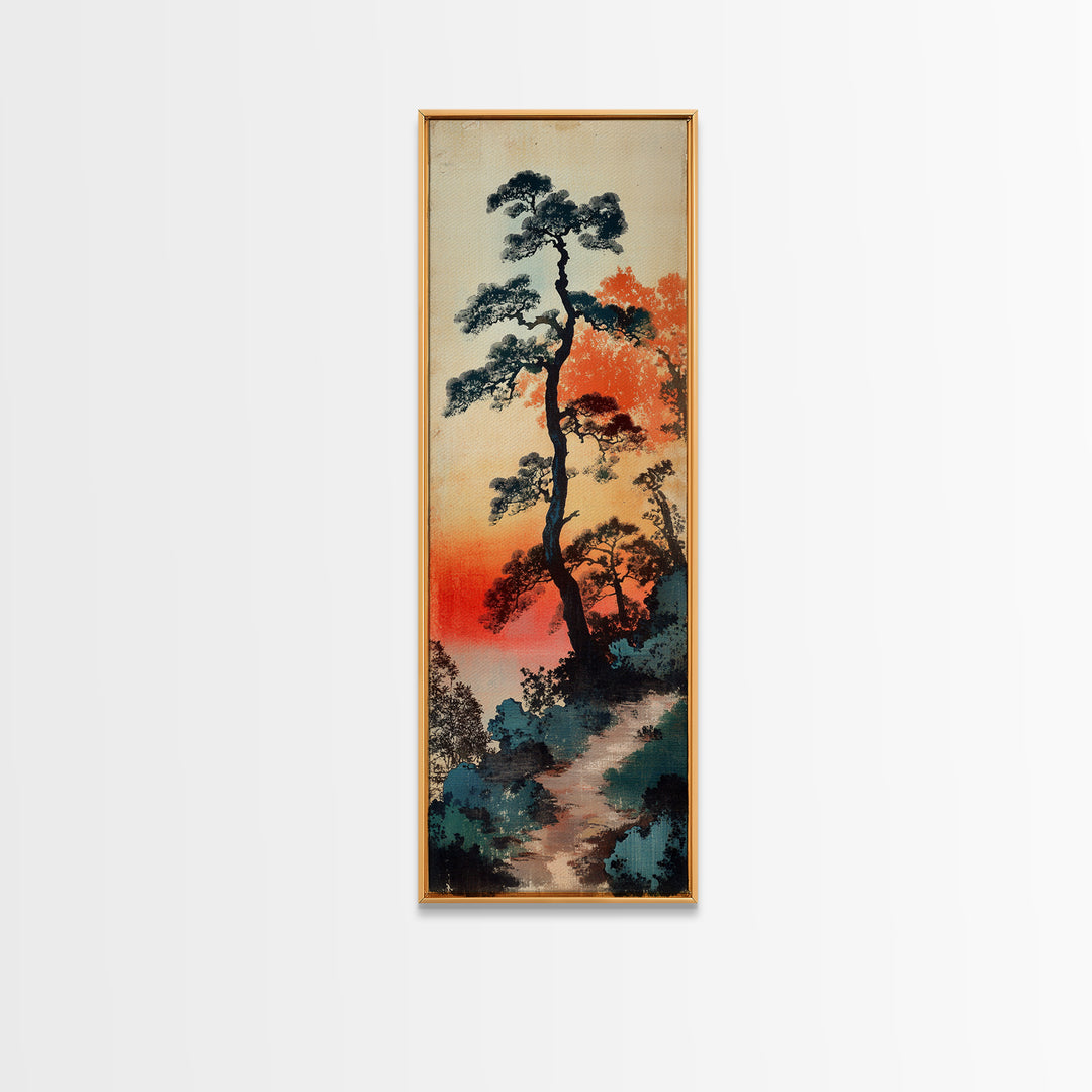 Tall Pine Trees At Sunset Wall Art, Japanese Forest Landscape Print, Misty Nature Decor, Long Vertical Canvas Print Home Decor