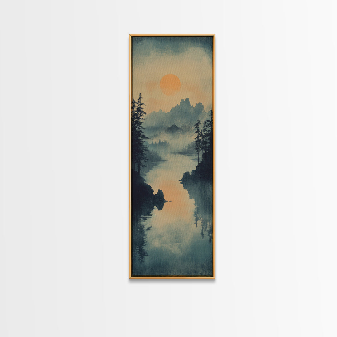 Misty Pine Lake Sunset Wall Art, Japanese Landscape Print, Moody Mountain Decor, Calming Nature Art For Living Room Wall Decor