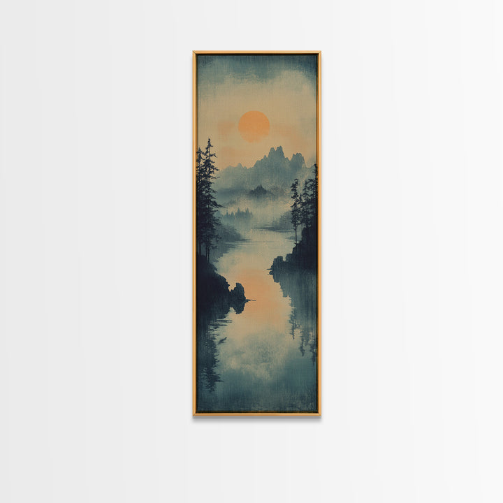 Misty Pine Lake Sunset Wall Art, Japanese Landscape Print, Moody Mountain Decor, Calming Nature Art For Living Room Wall Decor