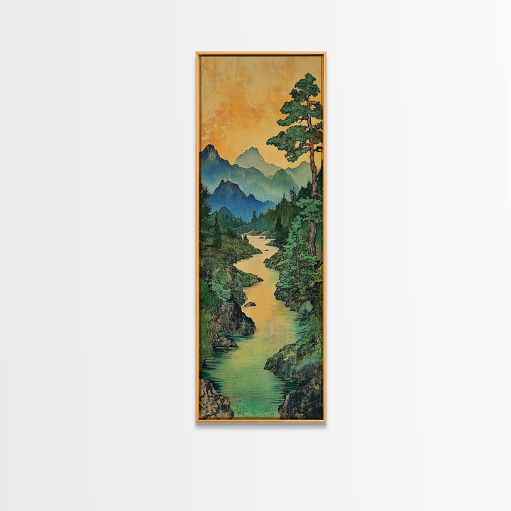 Turquoise River Mountain Landscape Wall Art, Japanese Nature Print, Rustic Cabin Decor, Large Canvas Wall Art For Living Room