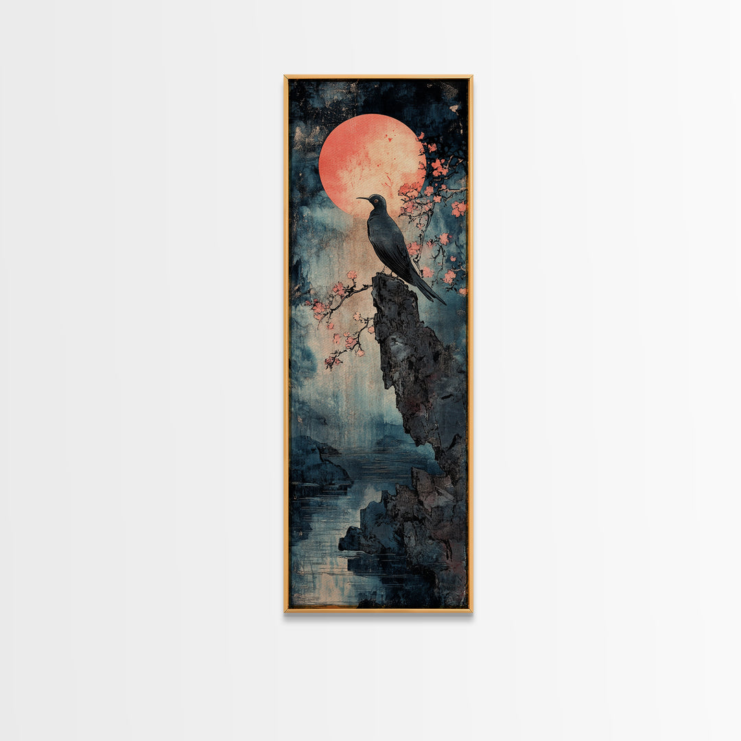Black Bird By Pink Moon, Japanese Seascape Wall Art, Cherry Blossom Print, Moody Coastal Decor, Large Canvas Wall Art For Living Room