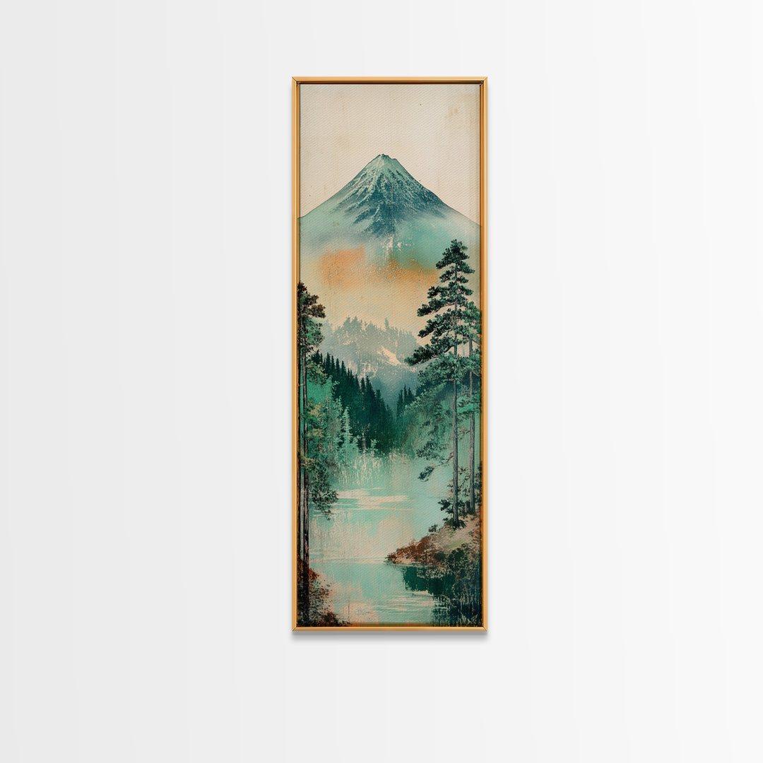 Mount Fuji Lake And Pine Forest Wall Art, Japanese Landscape Print, Japandi Decor, Calming Nature Fine Art Framed Canvas Print