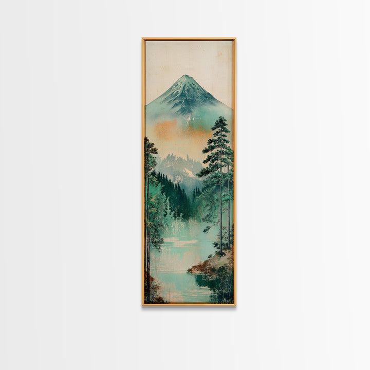 Mount Fuji Lake And Pine Forest Wall Art, Japanese Landscape Print, Japandi Decor, Calming Nature Fine Art Framed Canvas Print