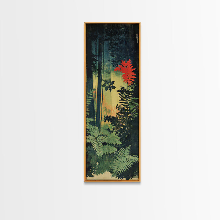 Dark Forest Ferns With Red Maple Glow Wall Art, Botanical Nature Print, Moody Woodland Decor, Large Framed Canvas Print For Spa Decor