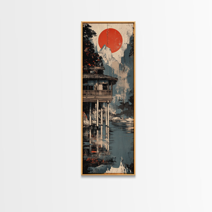 Mountain Lake Cabin Canvas Print, Japanese Wall Art, Japandi Wall Decor, Serene Landscape Art, Modern Coastal Home Decor