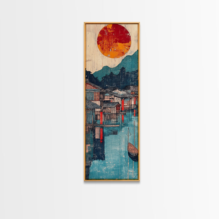 Harbor Village At Sunset Framed Canvas Print, Japanese Wall Art, Mountain Lake Decor, Asian Landscape Print, Coastal Home Decor