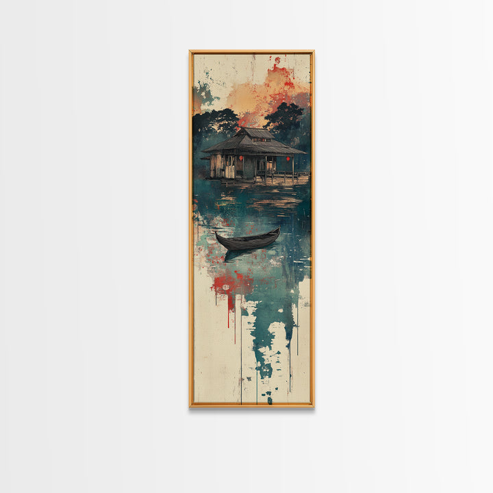Floating Lake House Canvas Print, Misty Japanese Wall Art, Serene Boat Landscape, Japandi Decor, Peaceful Coastal Wall Decor