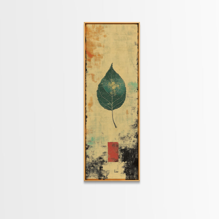 Green Botanical Leaf Wall Art, Japanese Wabi Sabi Nature Print, Minimalist Organic Modern Decor, Vertical Canvas Print For Home