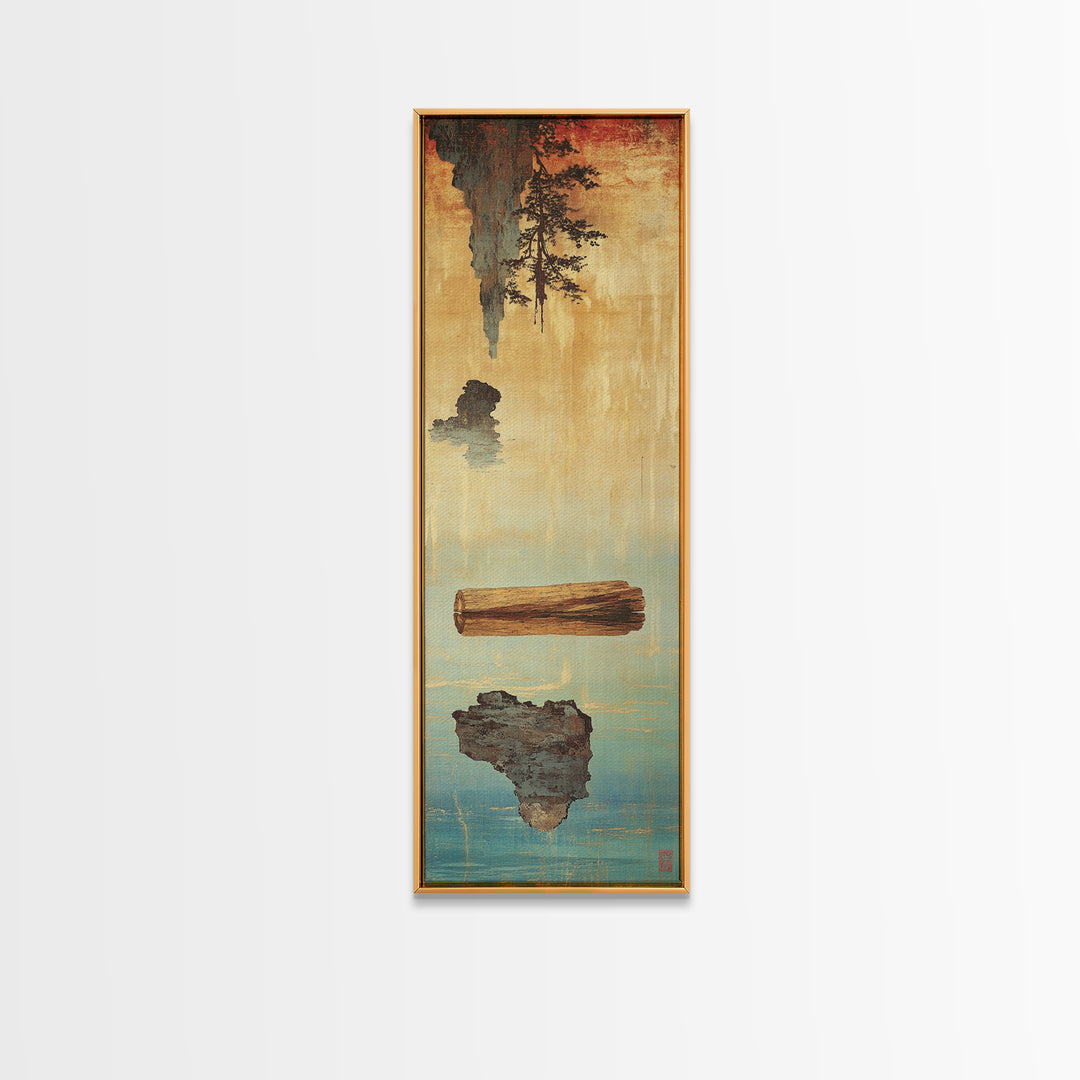 Floating Log And Stone Canvas Print, Japanese Zen Landscape Wall Art, Rustic Wabi Sabi Decor For Serene Living Room Decor