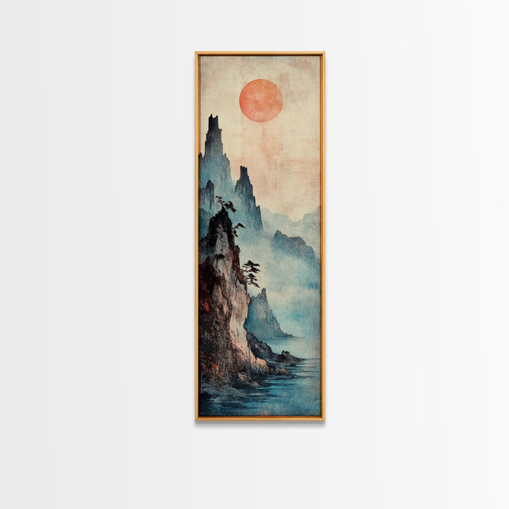 Red Sun Misty Mountain Wall Art, Japanese Landscape Canvas Print, Moody Asian Decor, Serene Nature Art For Living Room Decor