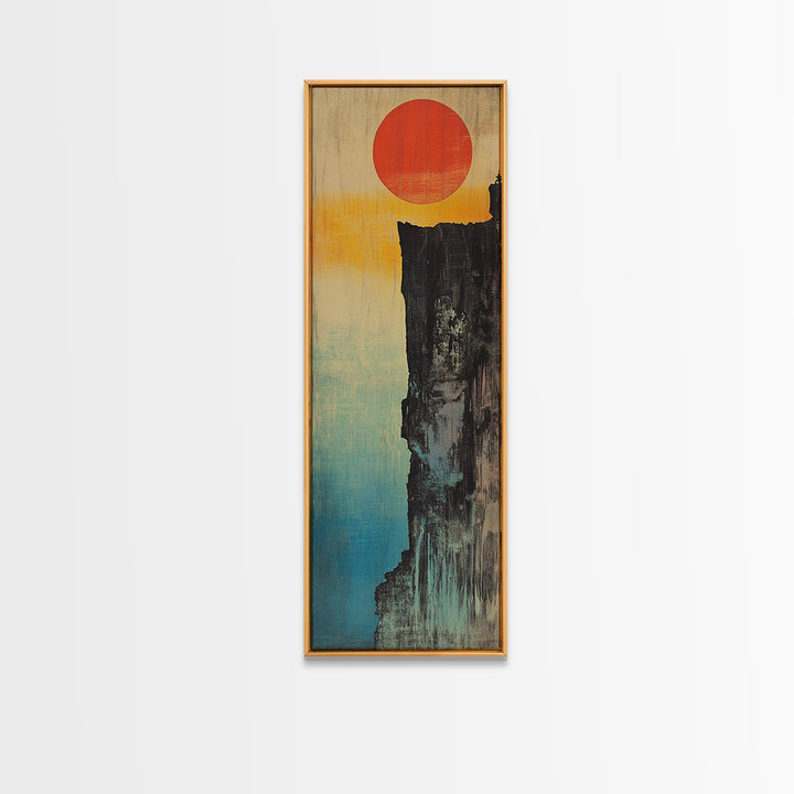 Red Sun Cliff Canvas Print, Japanese Wabi Sabi Landscape Wall Art, Minimalist Asian Decor For Modern Living Room Above Sofa