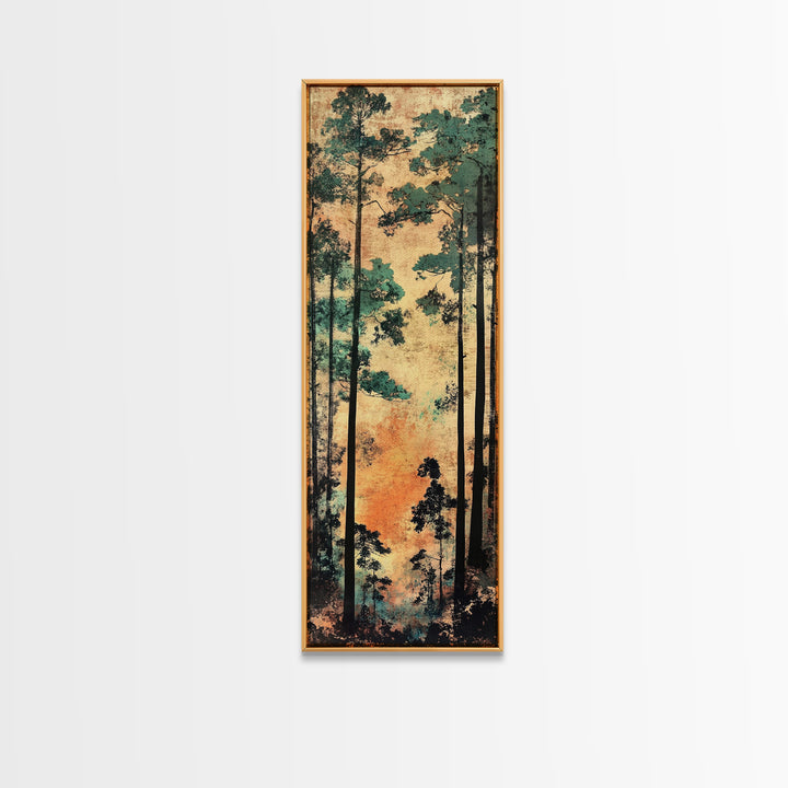 Tall Pine Forest Wall Art, Japanese Woodland Canvas Print, Rustic Nature Decor, Vertical Landscape For Cabin Living Room